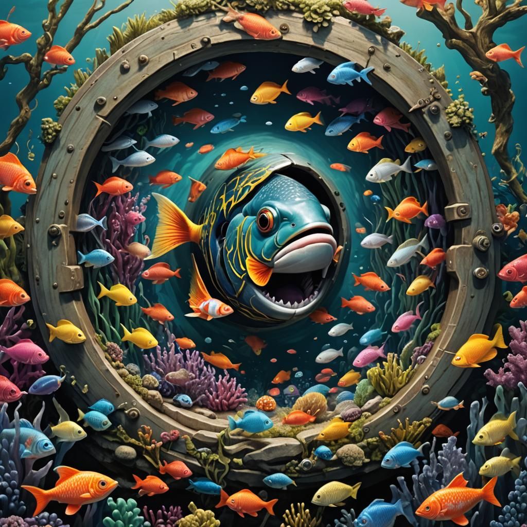 Fish's Underwater Keyhole Obstacle: Hyperrealistic View