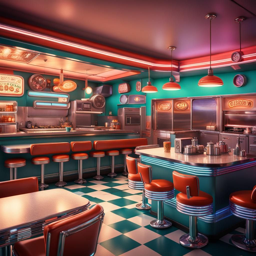 Vibrant 60's Diner Interior as Detailed Matte Painting