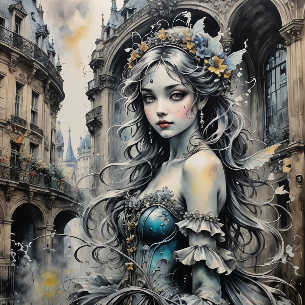 Lovely fairy in Paris art nouveau rococo architecture Splash art contrasting colors action painting graffiti Claude Mone...