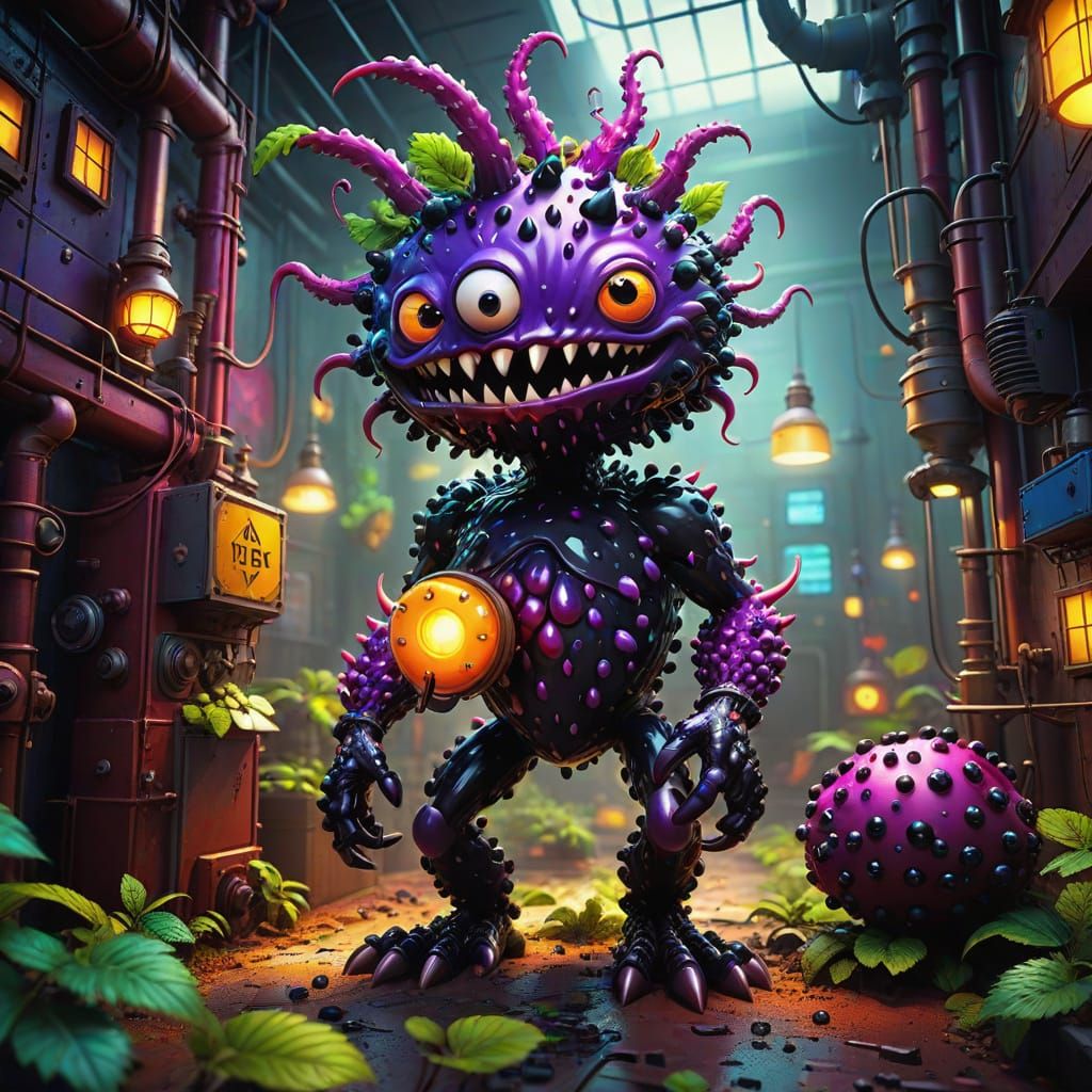 Fantastical Black Berry Monster in Vibrant Fantasy World
