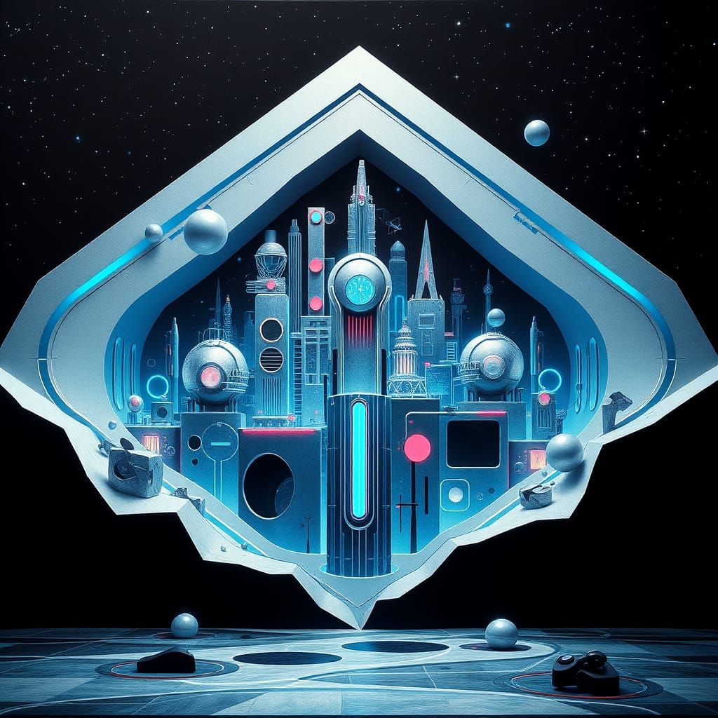 Futuristic Neocubist Cityscape in Teslapunk Syntwave Style