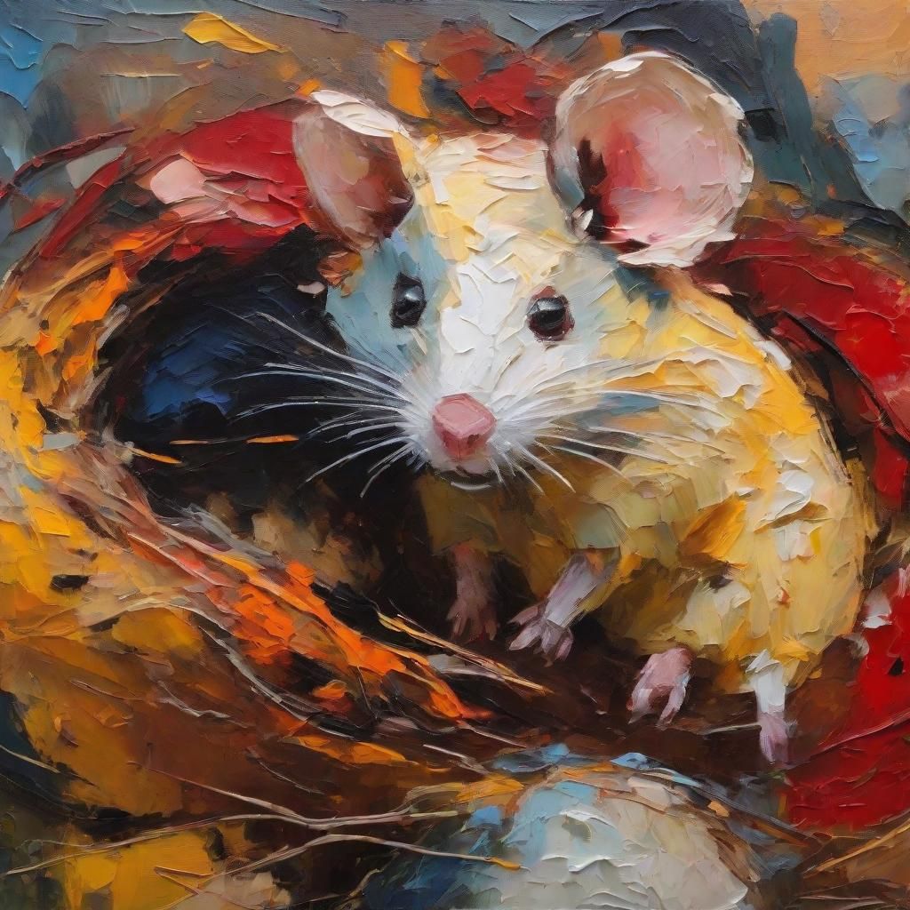 Mice Nesting in Teddy Bear: Expressionist Oil Painting