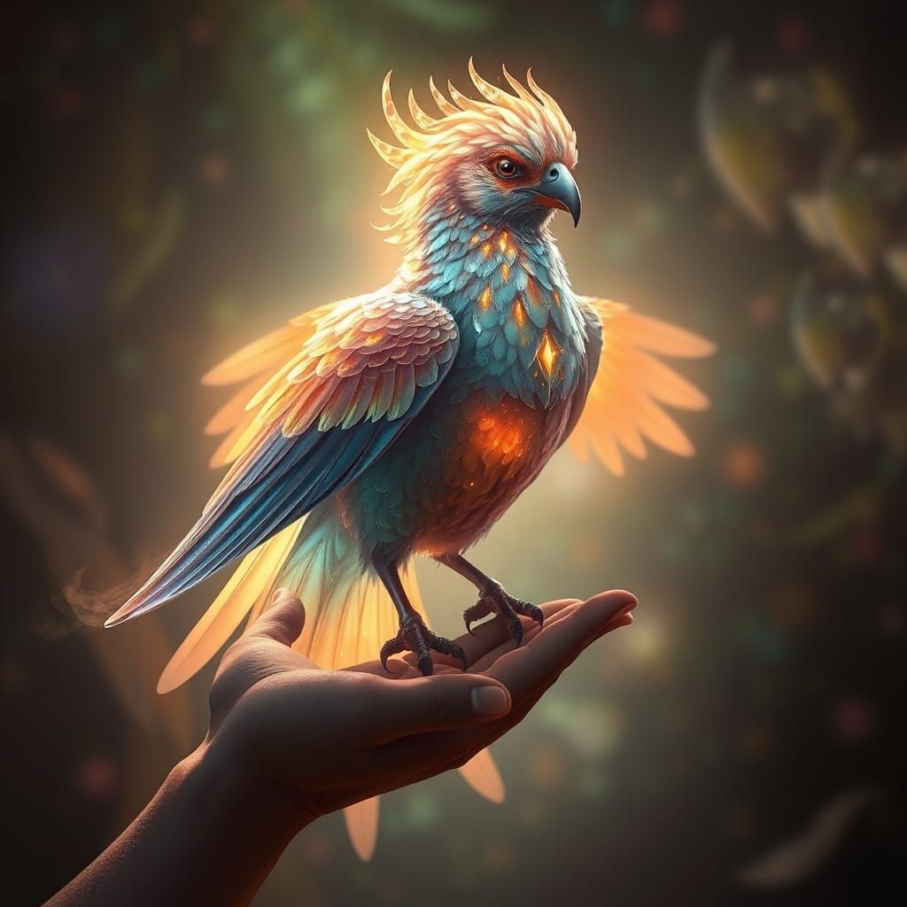 Iridescent Bird on Hand in Ethereal Landscape