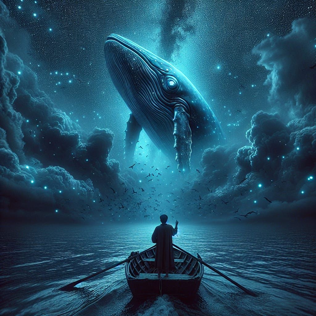 Sailor and Glowing Whale Under Dark Sky