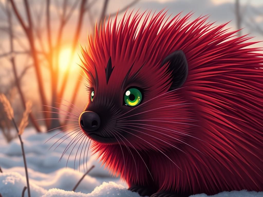 Crimson Porcupine Gazing at Dawn in Anime Style