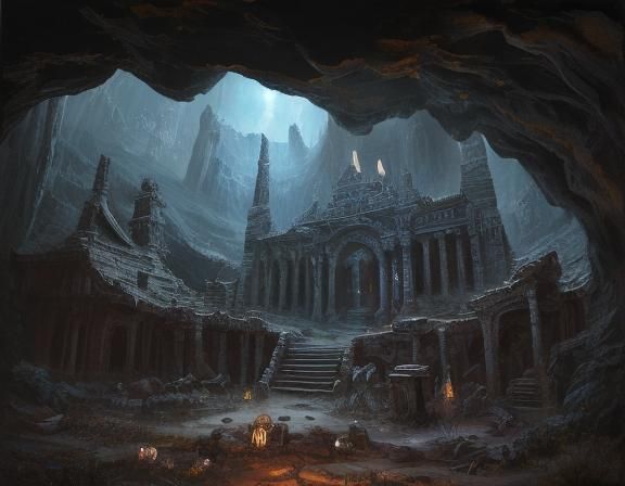 Mystical Ancient Cave with Carvings as Oil Painting