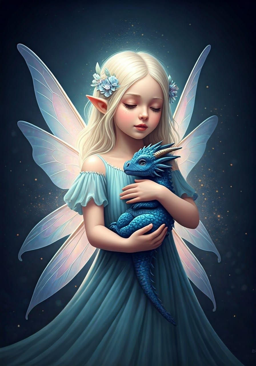 Ethereal Fairy Cradles Newborn Blue Dragon in Whimsical Scen...