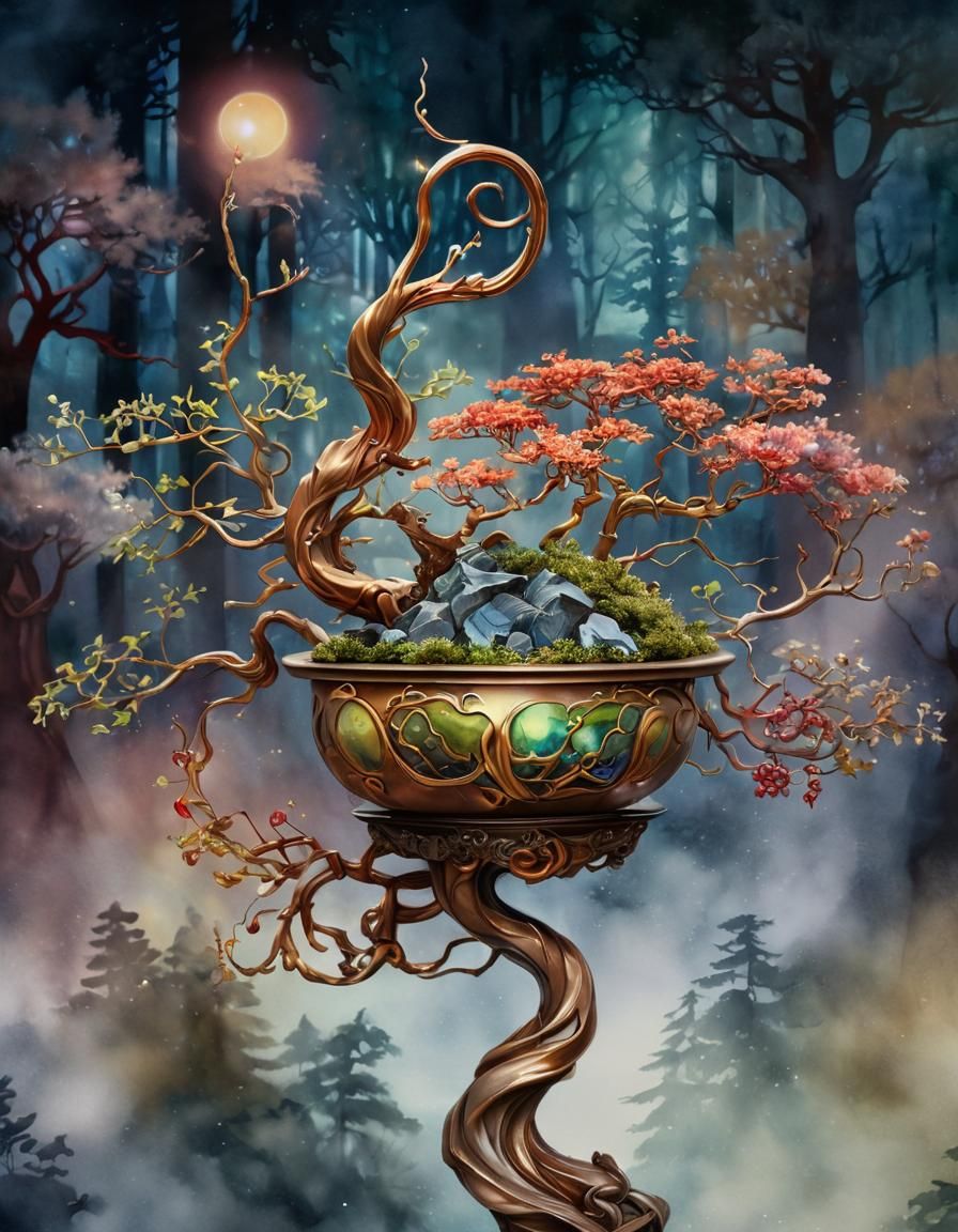 Metal Gemstone Bonsai in Art Nouveau Watercolor