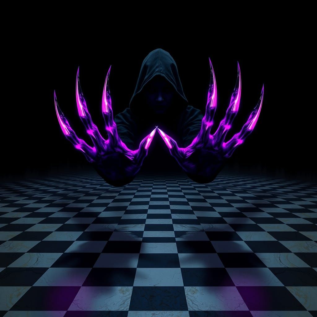 Dystopian Hooded Figure on Infinite Checkered Floor