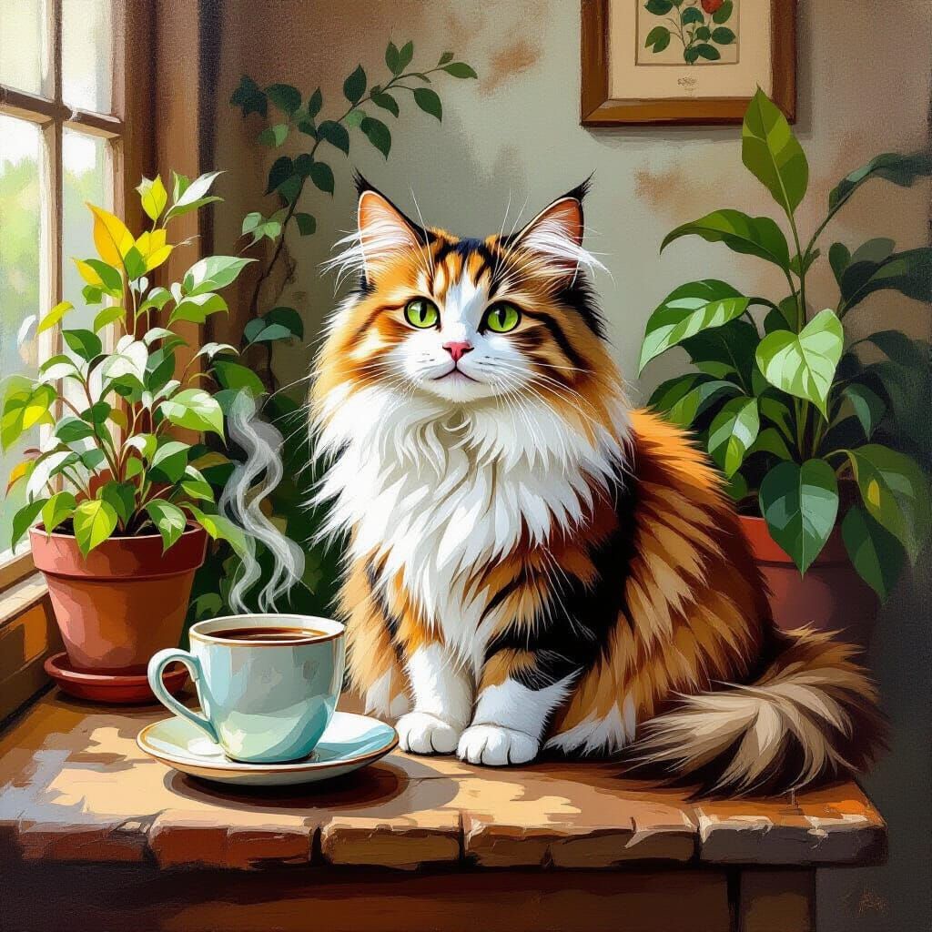 Charming Cat Enjoying Coffee, Beatrix Potter Style