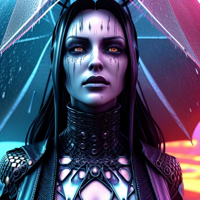 Woman with Umbrella in Neon-Lit Thunderstorm