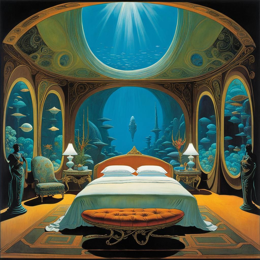 Underwater Bedroom Scene in Art Nouveau Style