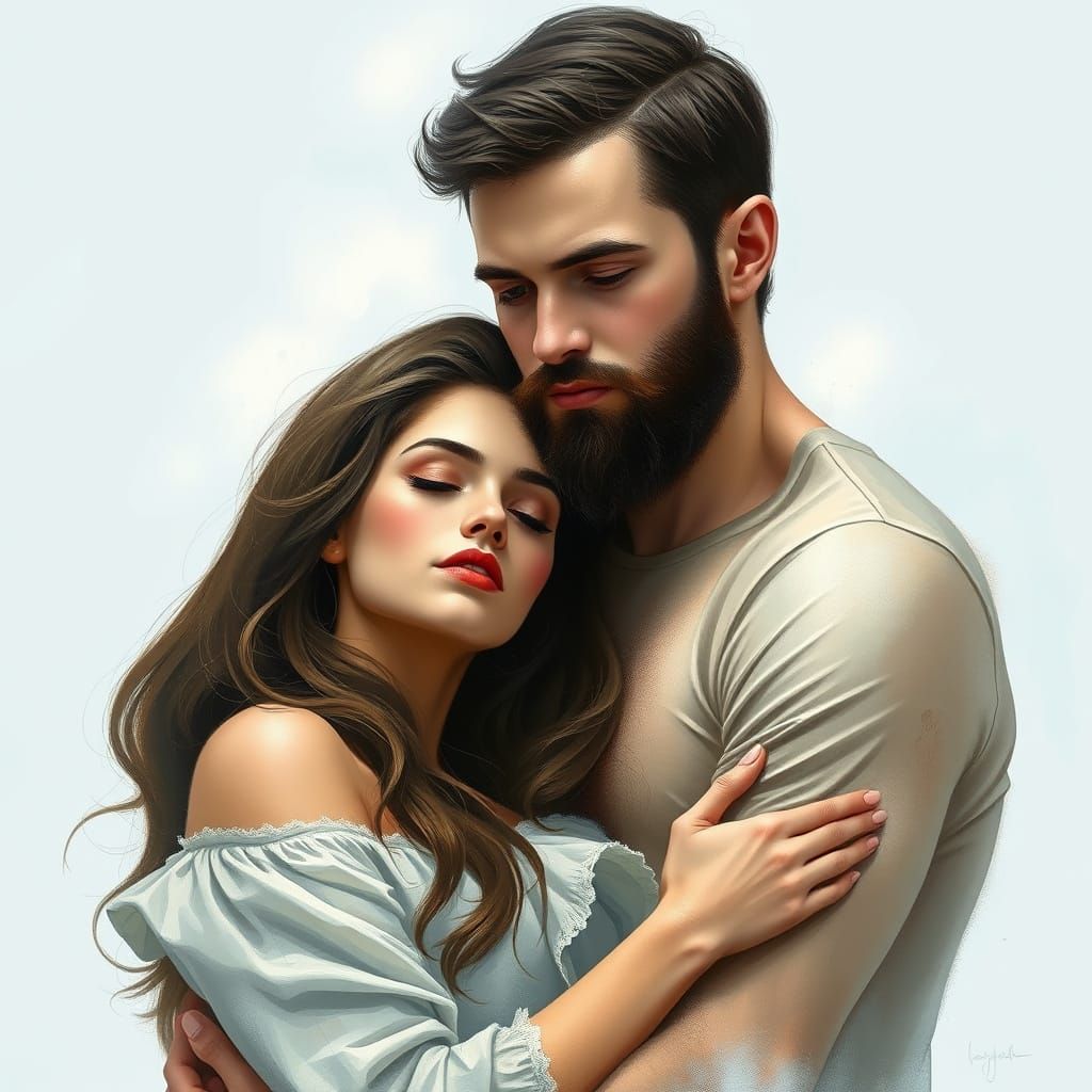 A digital painting with pastel drawing effects depicts a striking portrait set against a soft, light blue background. Th...