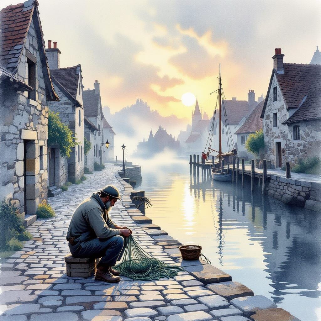 Fisherman Mending Nets in Misty Medieval Village at Dawn