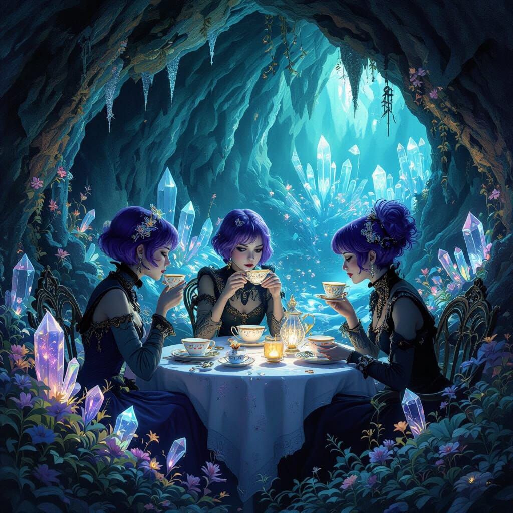 Ethereal Tea Party in Bioluminescent Cavern: Gothic Horror I...