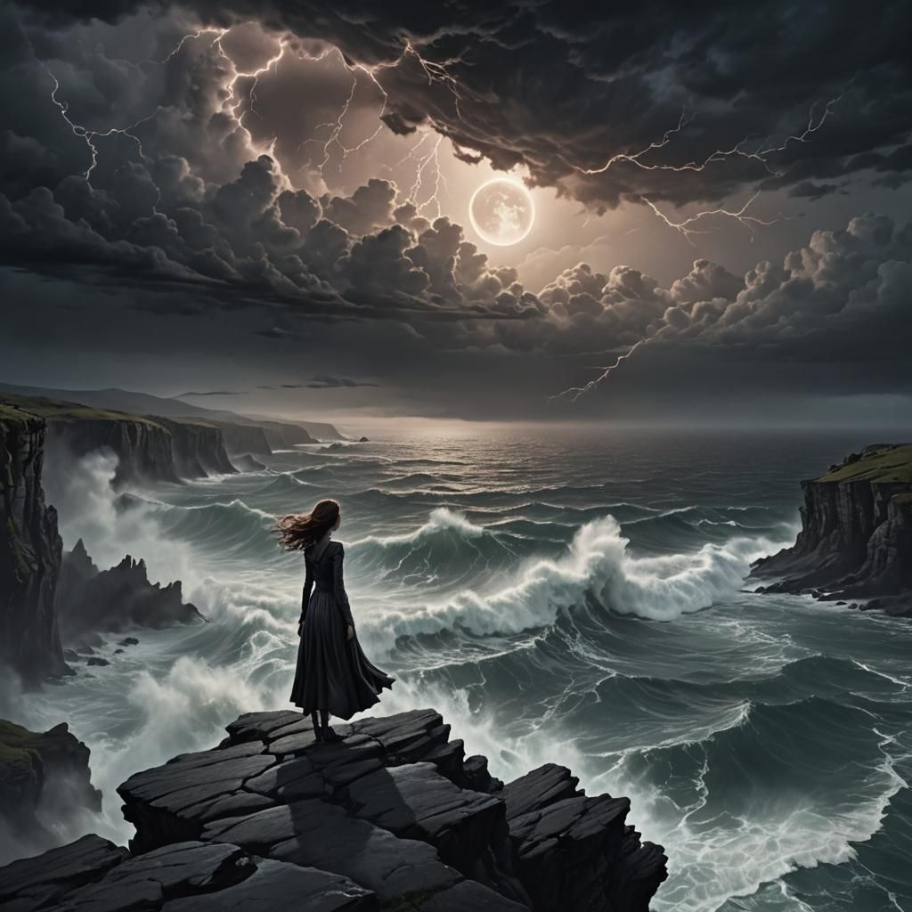 Ethereal Gothic Dreamscape at Stormy Cliff Edge