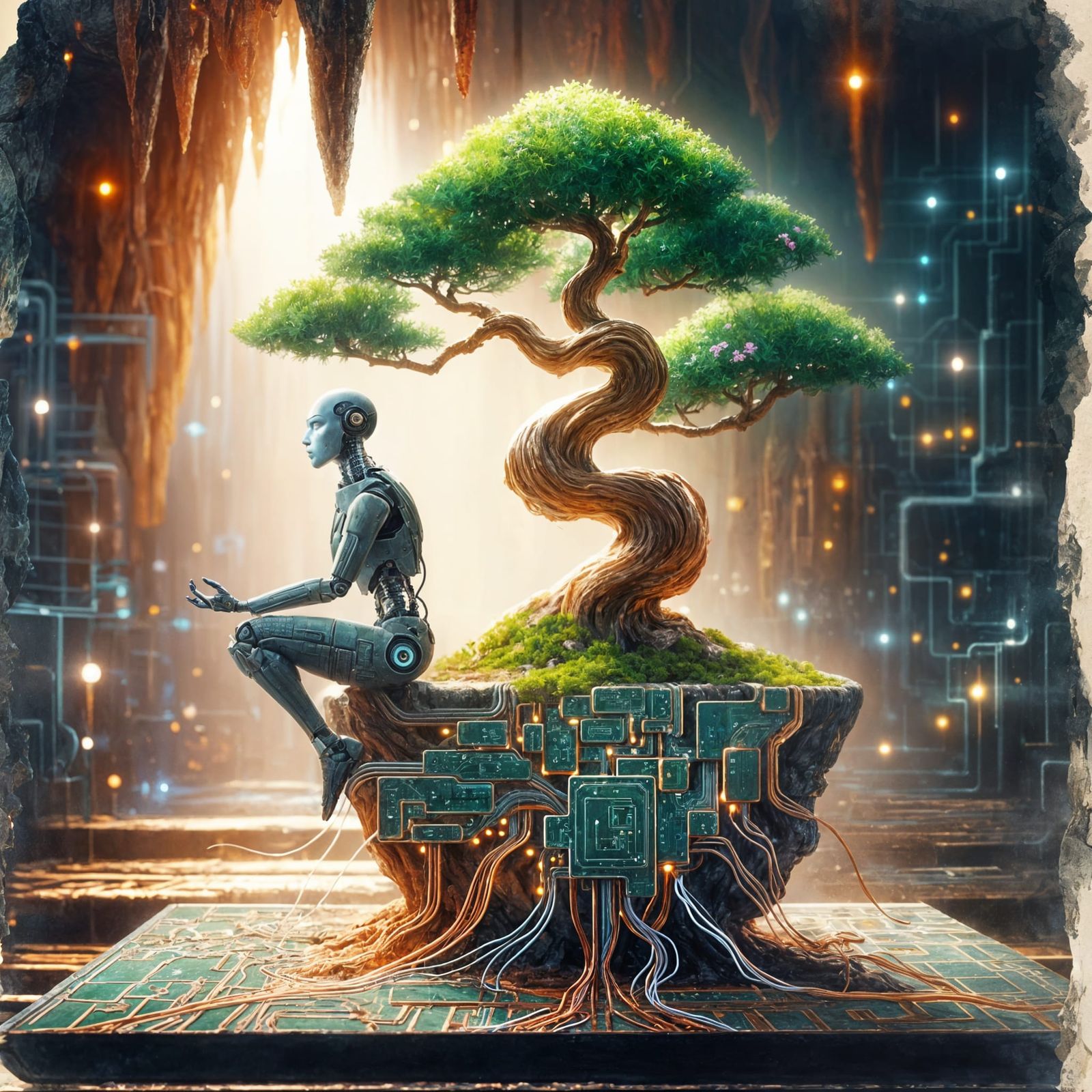 Cyborg Contemplation Under Circuit Board Bonsai, Watercolor ...