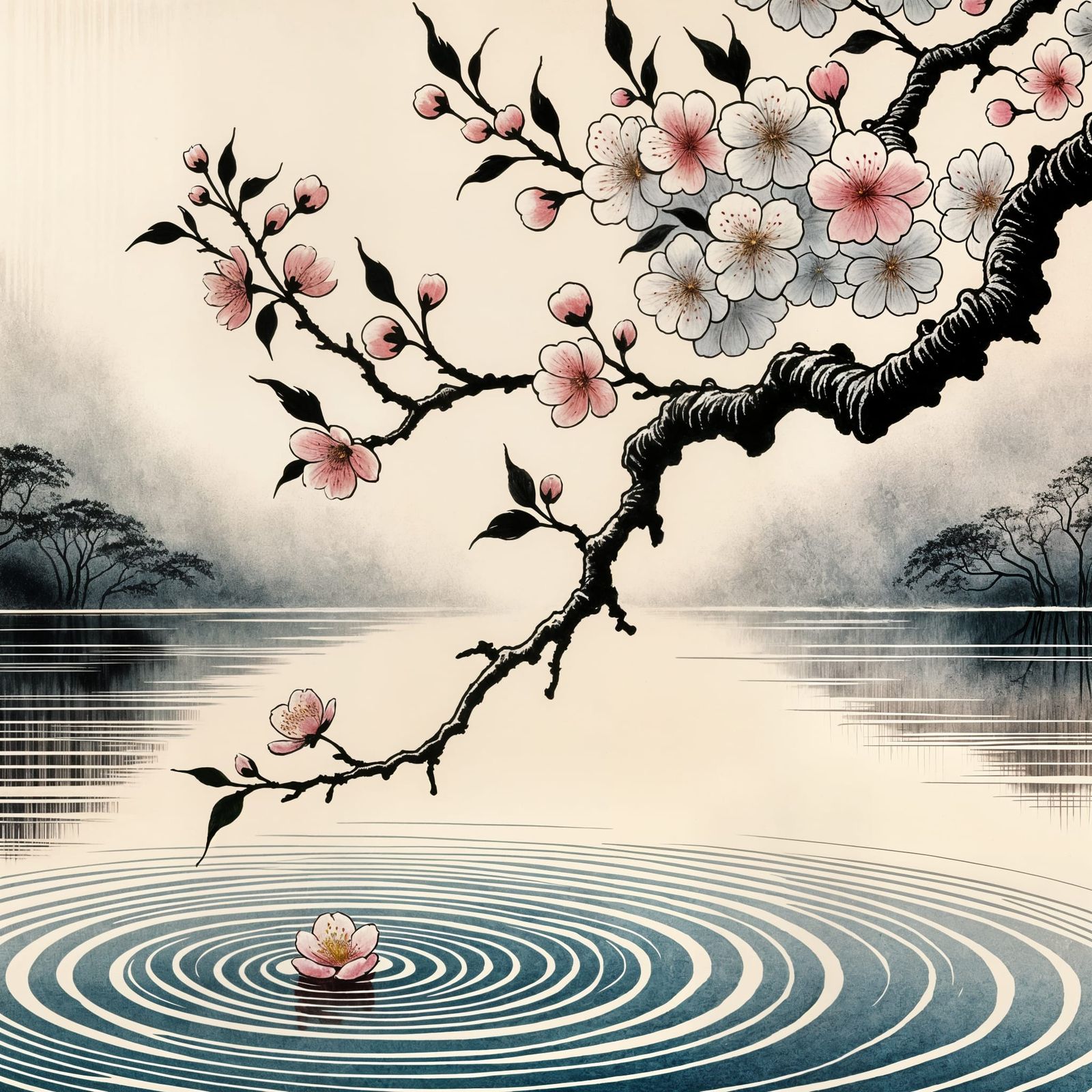 Cherry Blossom Farewell on Tranquil Lake