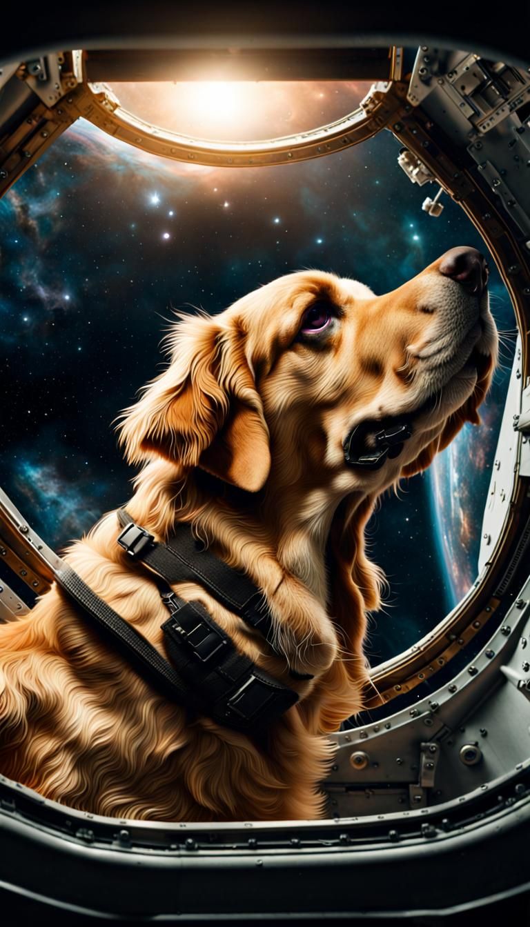 Golden Retrievers Explore Space in Hyperrealistic Detail