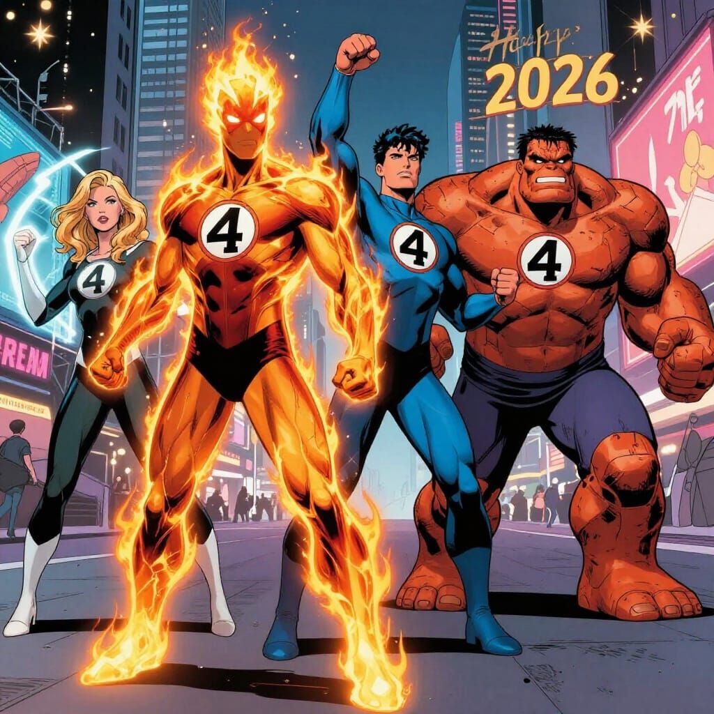 Fantastic Four Assembled in Times Square at Night