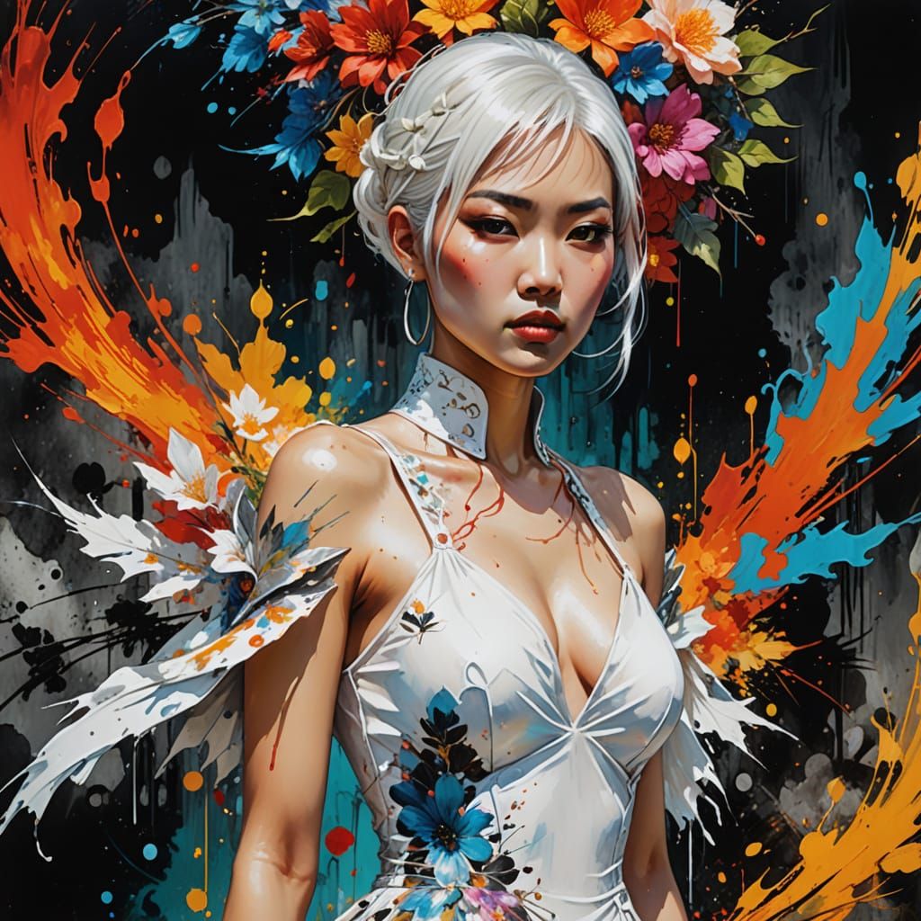 East Asian Woman in Vibrant Polychromatic Illustration