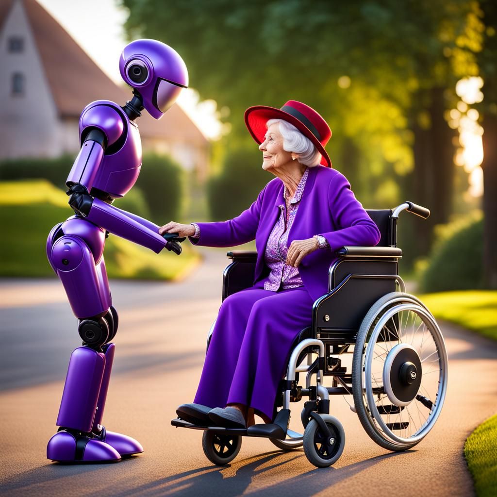 Elderly Woman and Robot Companion in Sunlight