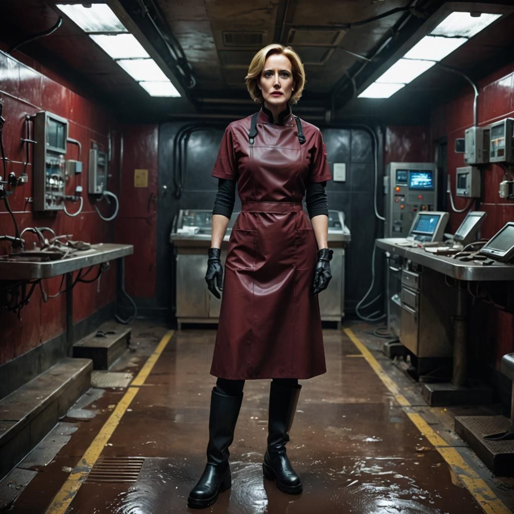 Stern Nurse in Rubber Uniform in Operating Theater