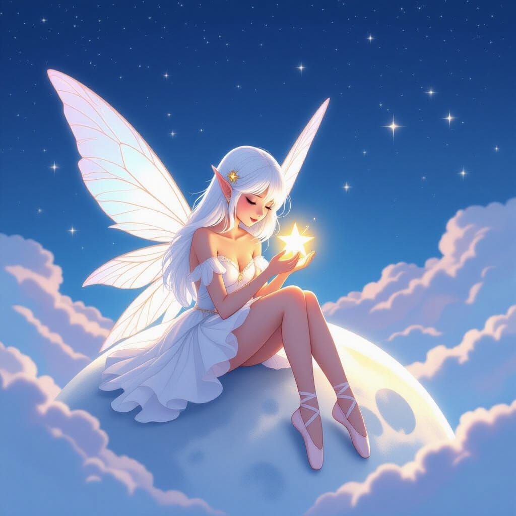 Ethereal Moon Fairy Hugging Star in Dreamy Landscape