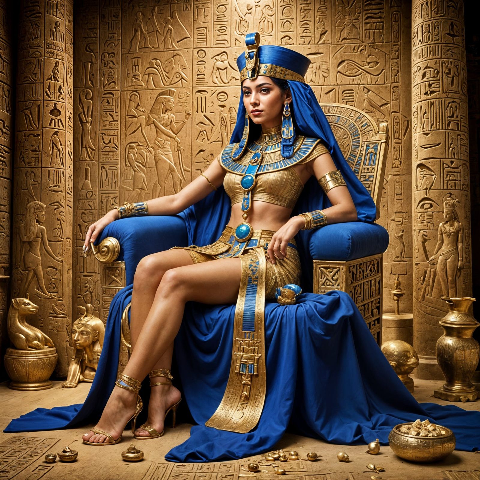 Egyptian Queen on Throne Surrounded by Treasure