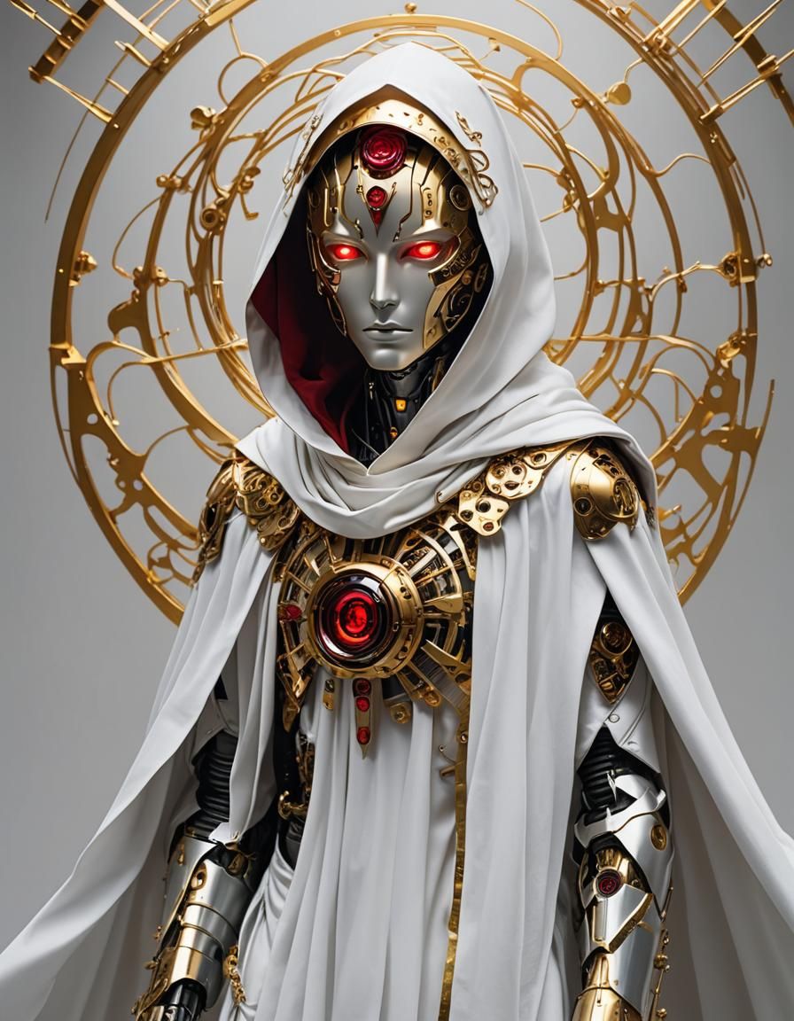 Golden Robot in Hooded Robe with Rose, Fantasy Art