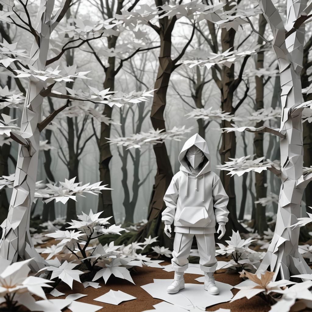 White Dai-Tengu in Woods: Origami Papercraft