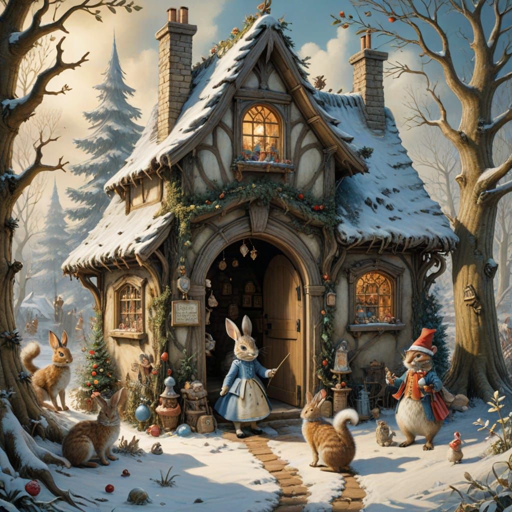 Whimsical Wonderland Christmas Scene in Gouache Style