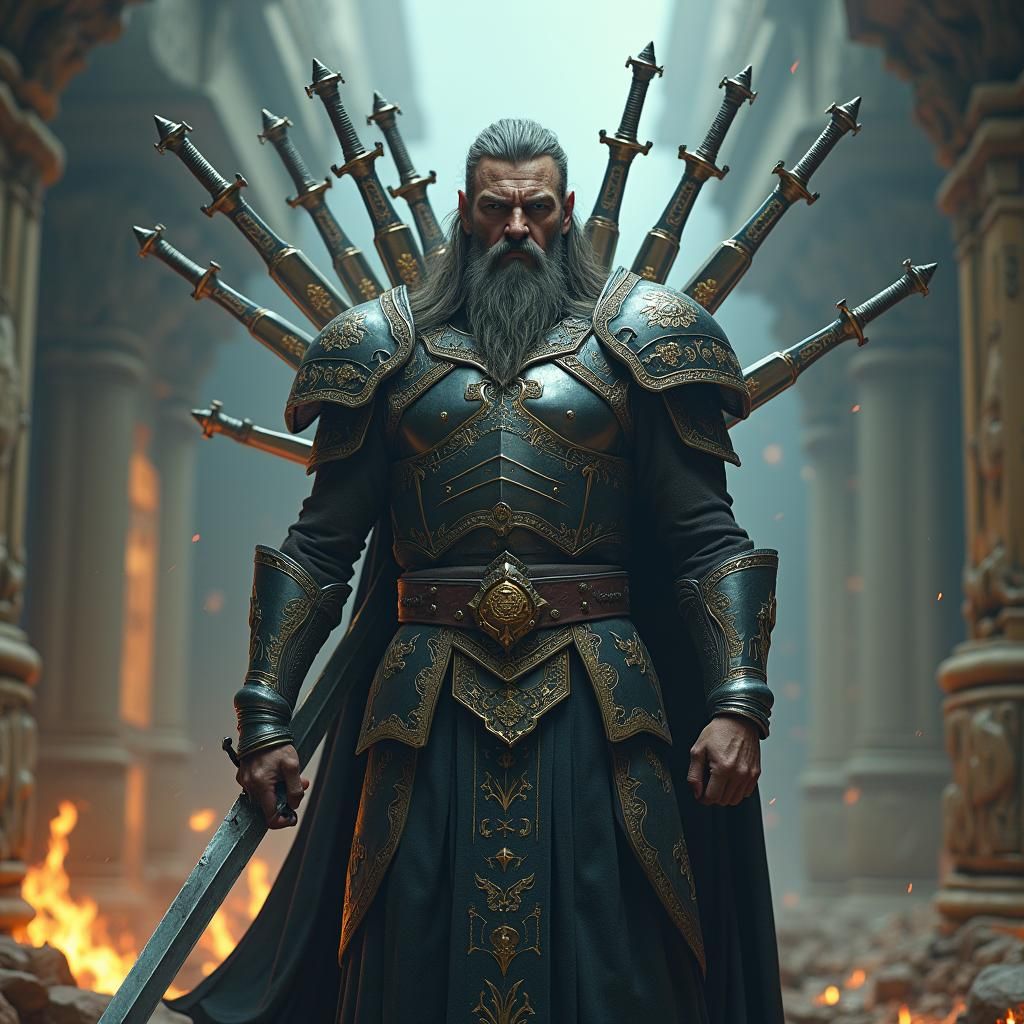 Regal Warrior in Mystical Realm with Swords