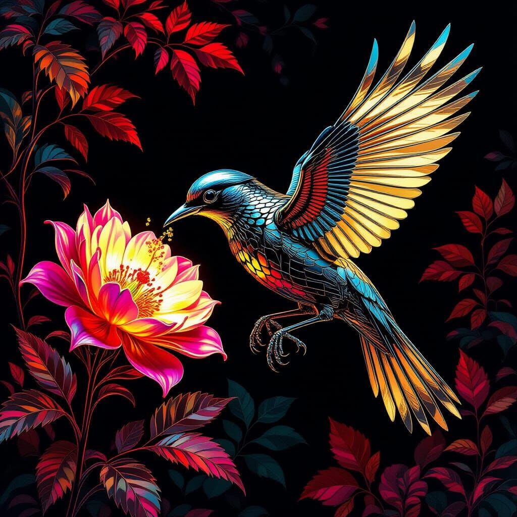 Biomechanical Bird in Surreal Iridescent Garden