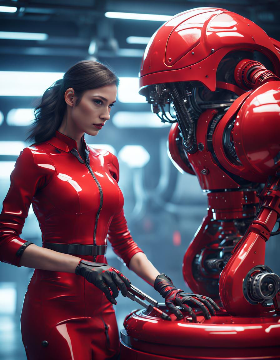 Futuristic Lab: Technician Repairs Robot Arm in Sci-Fi Style