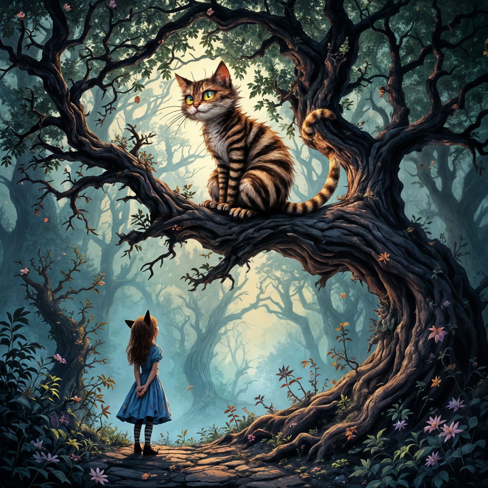 Whimsical Cheshire Cat in a Haunted Forest, in the Style of ...