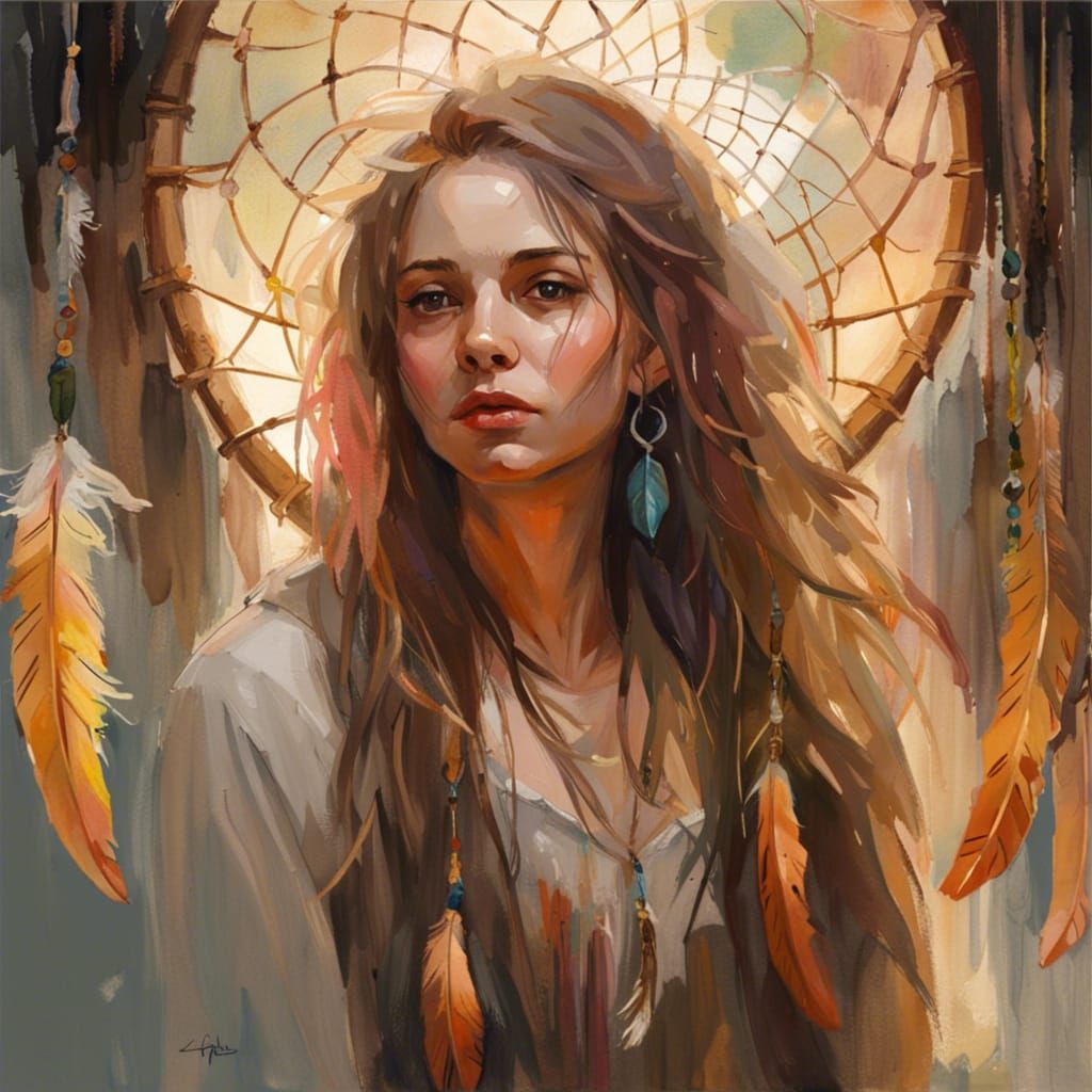 Dreamcatcher Portrait in Gouache and Watercolour