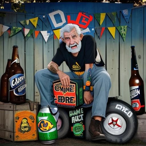 Cartoon of Disheveled Old Man Drinking Beer in Garden