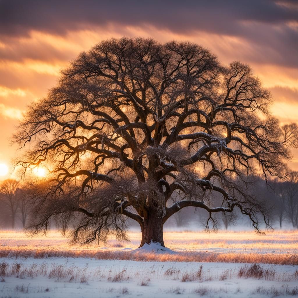 Winter Sunset Over Snowy Oak Tree