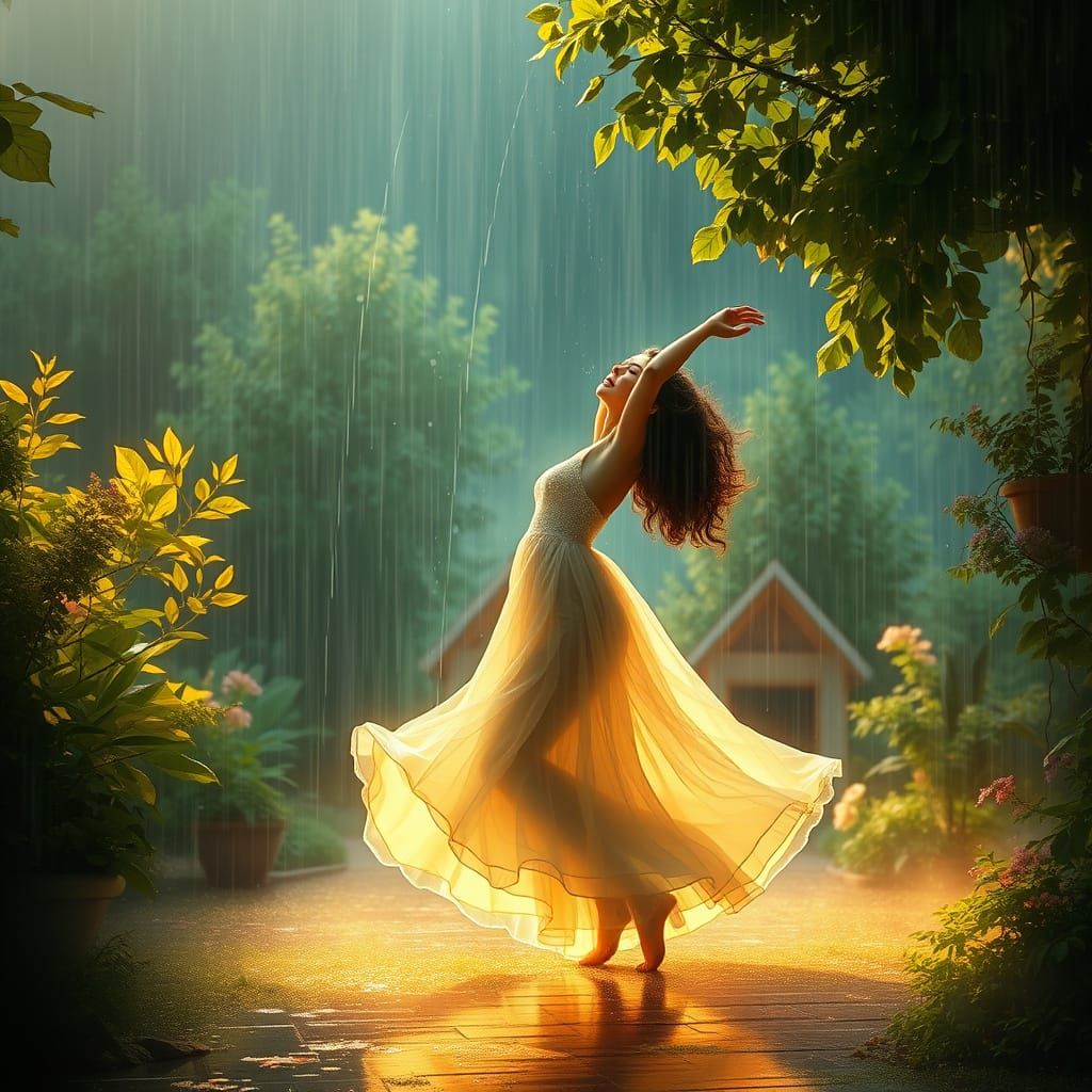Ethereal Woman Dancing in Rainy Fantasy Landscape