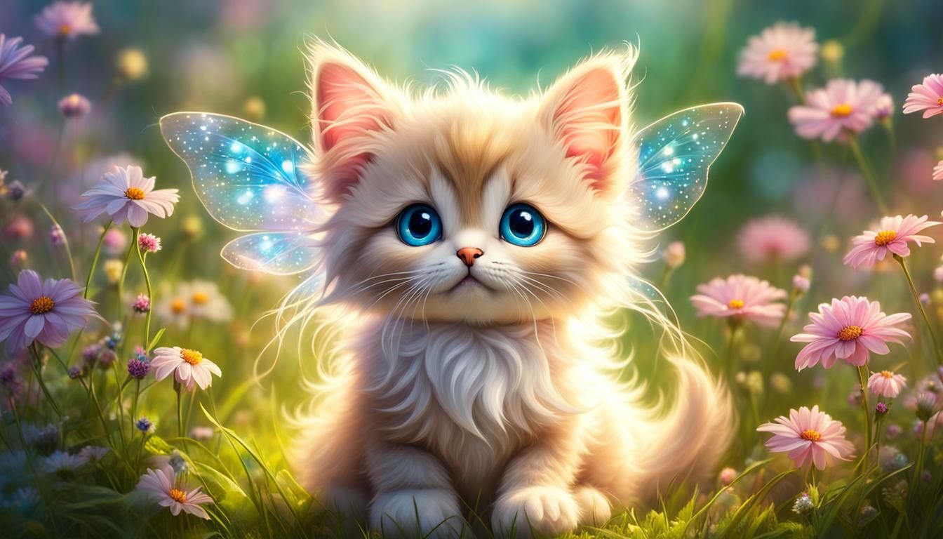 Cute Fairy Kitten on Flowery Meadow