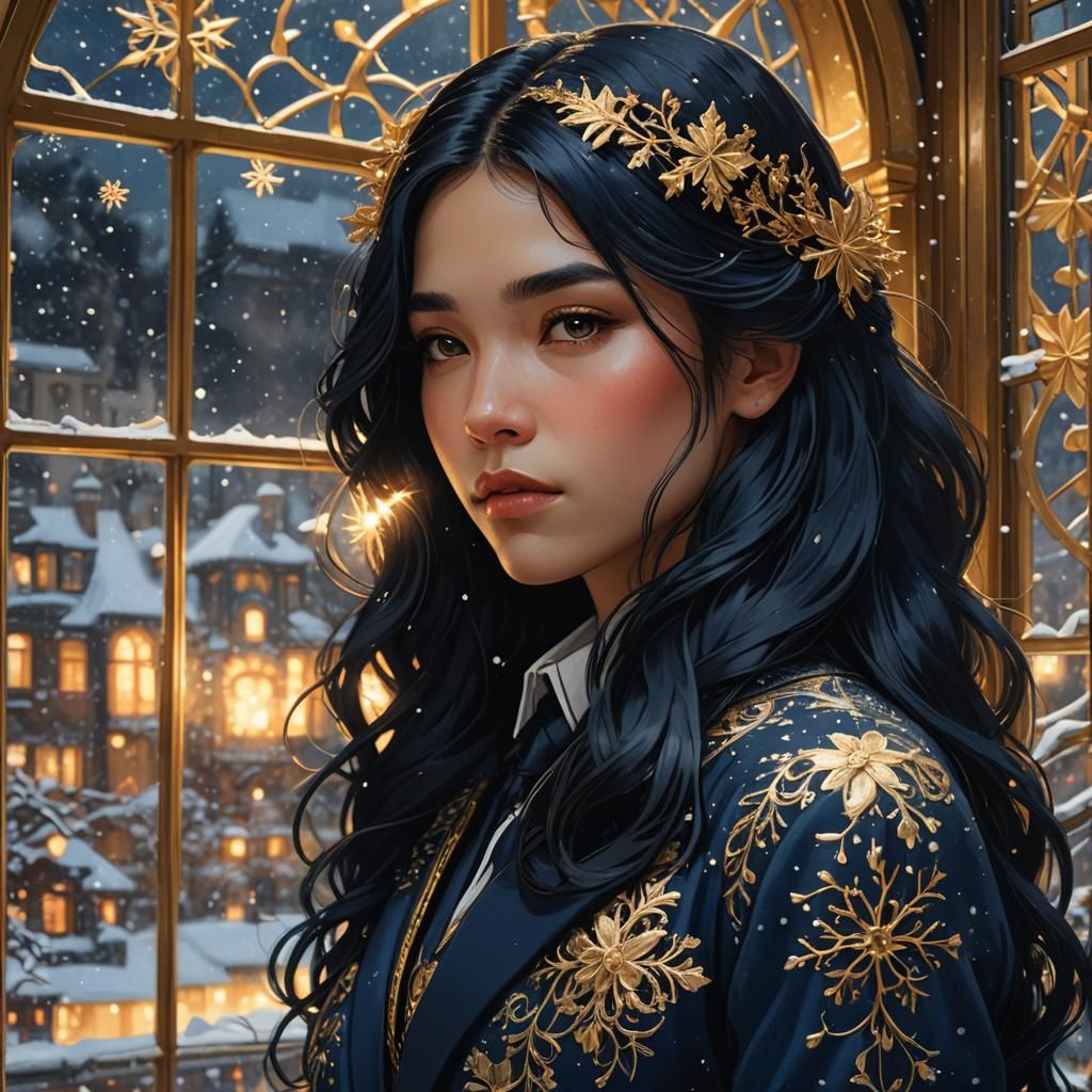 Art Nouveau Girl in Snowy Christmas Scene