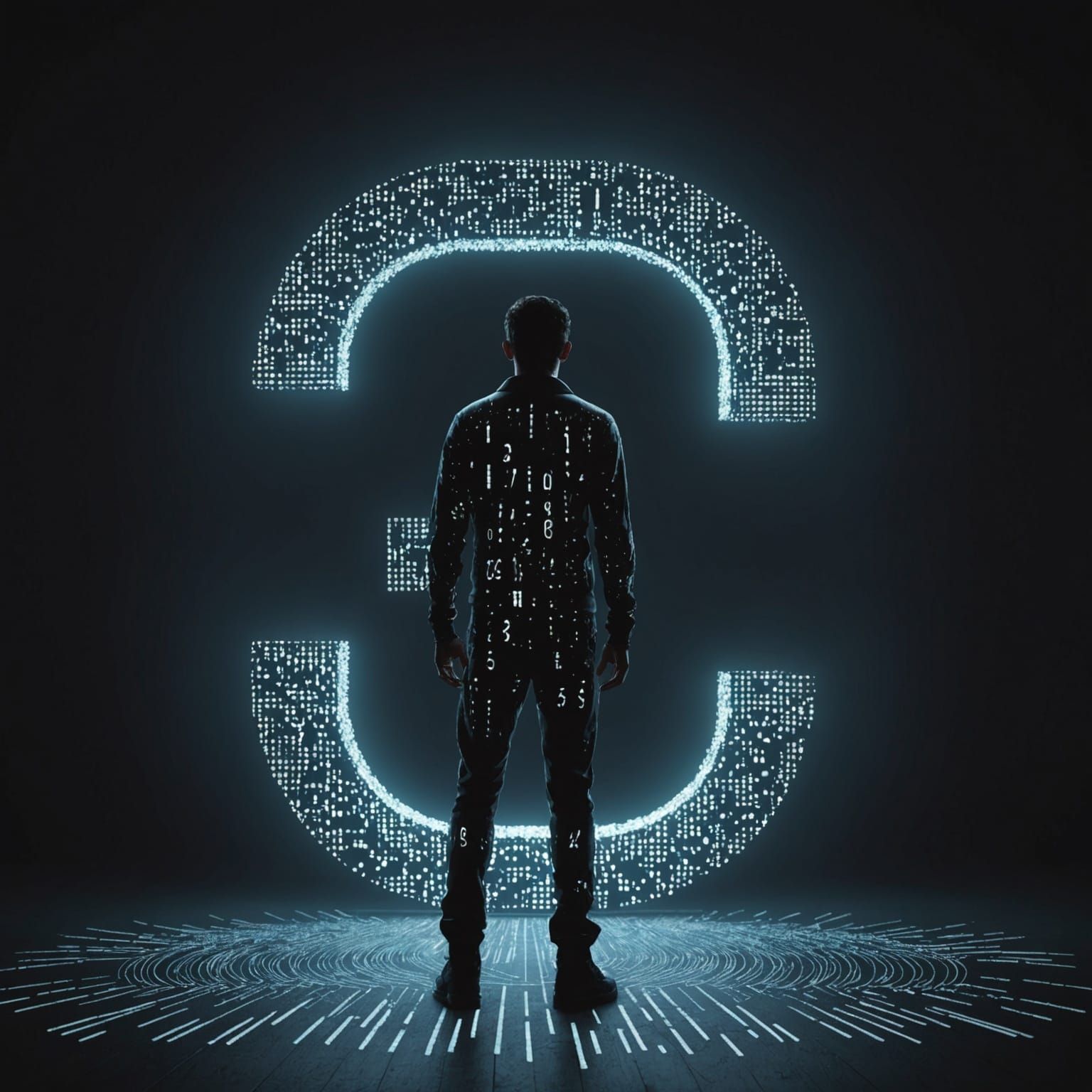 Digital Code Person in Illuminated Dark Room