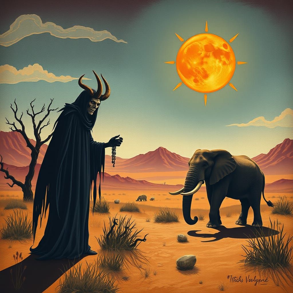 Vampire Ghost in Safari Landscape with Sand Painting