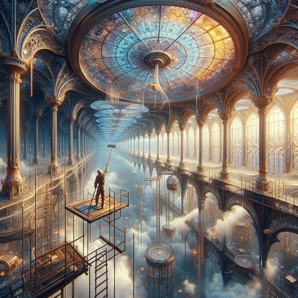 Magical Glass Cleaning Scene in Fantasy Style