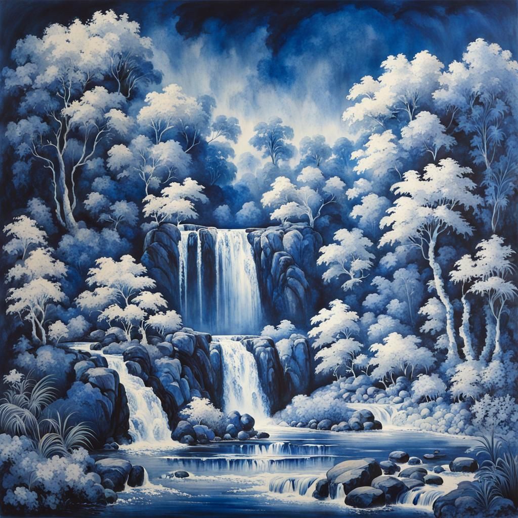 Bichromatic Blue and White Waterfall Ink Wash