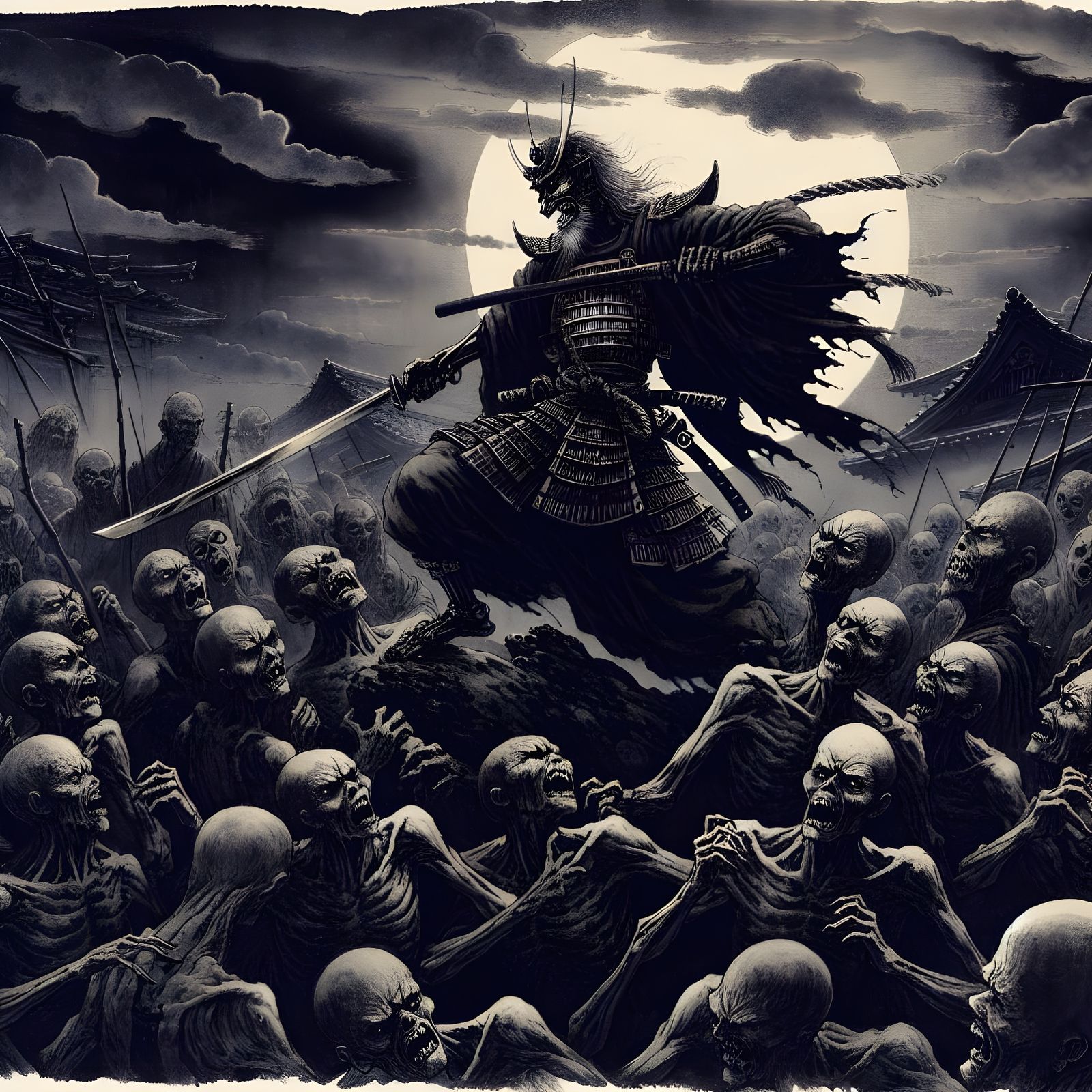Warrior Priest vs Undead Horde in Japanese Ink Painting