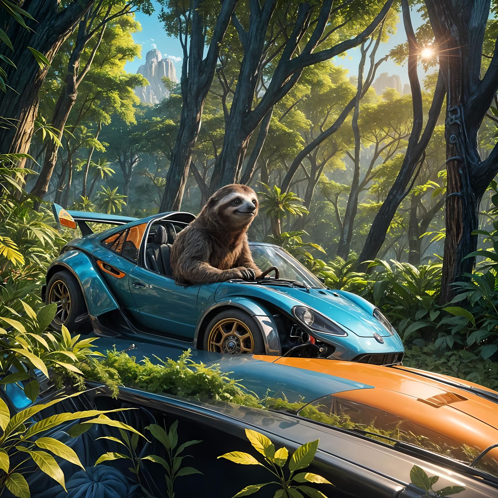 Sloth's Smug Race Car Ride: Detailed Fantasy Art