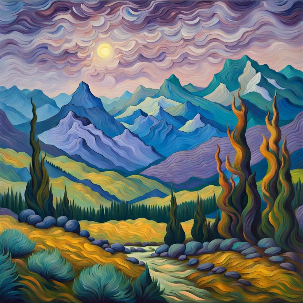 Mountain Range in Post-Impressionistic Style