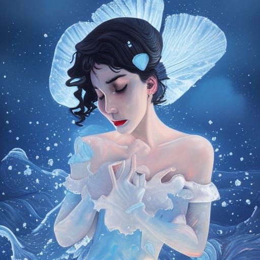 Ethereal Ice Fairy Weeps Amidst Stormy Ocean in Detailed Got...